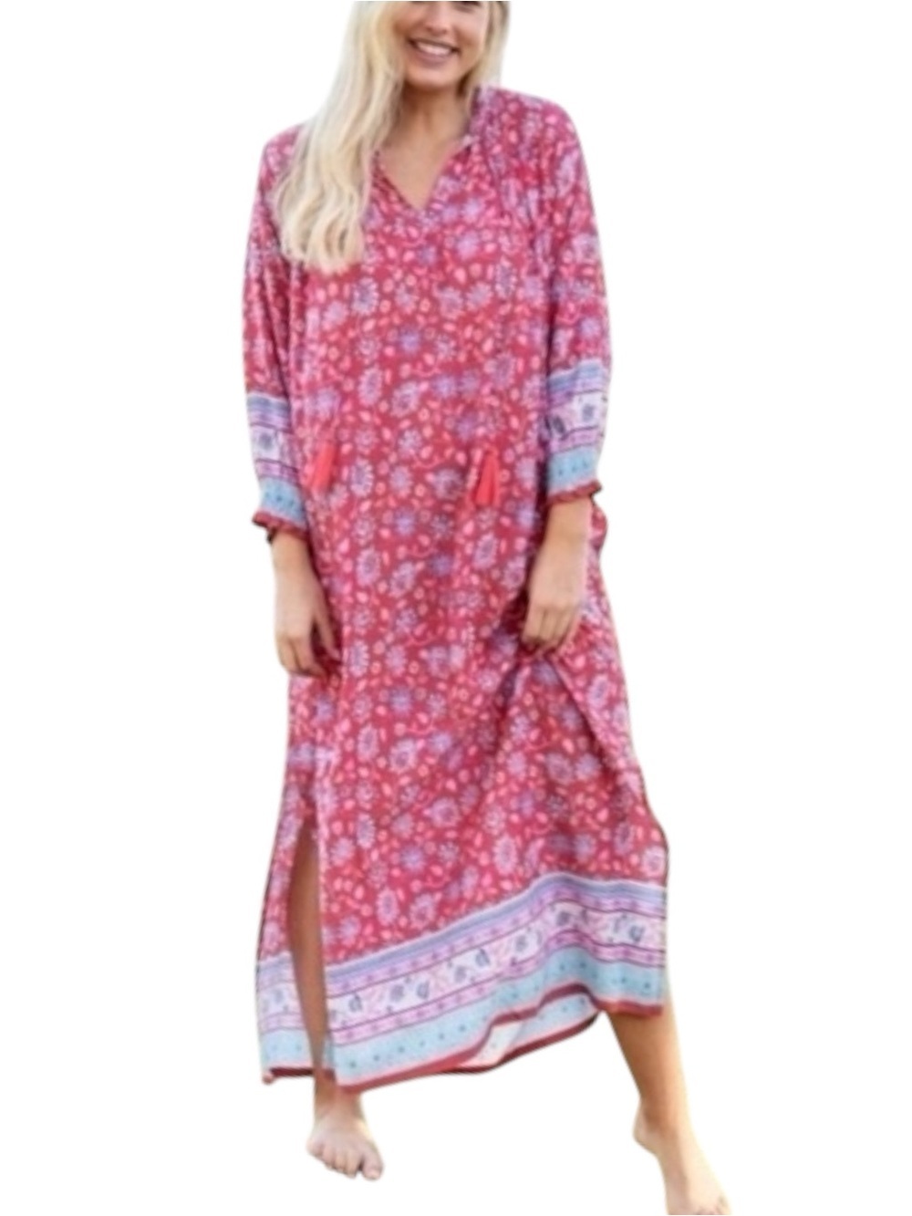 NATURAL LIFE Natural Life Dara Floral Tassel Kaftan Maxi Dress S Rose Pink NWOT